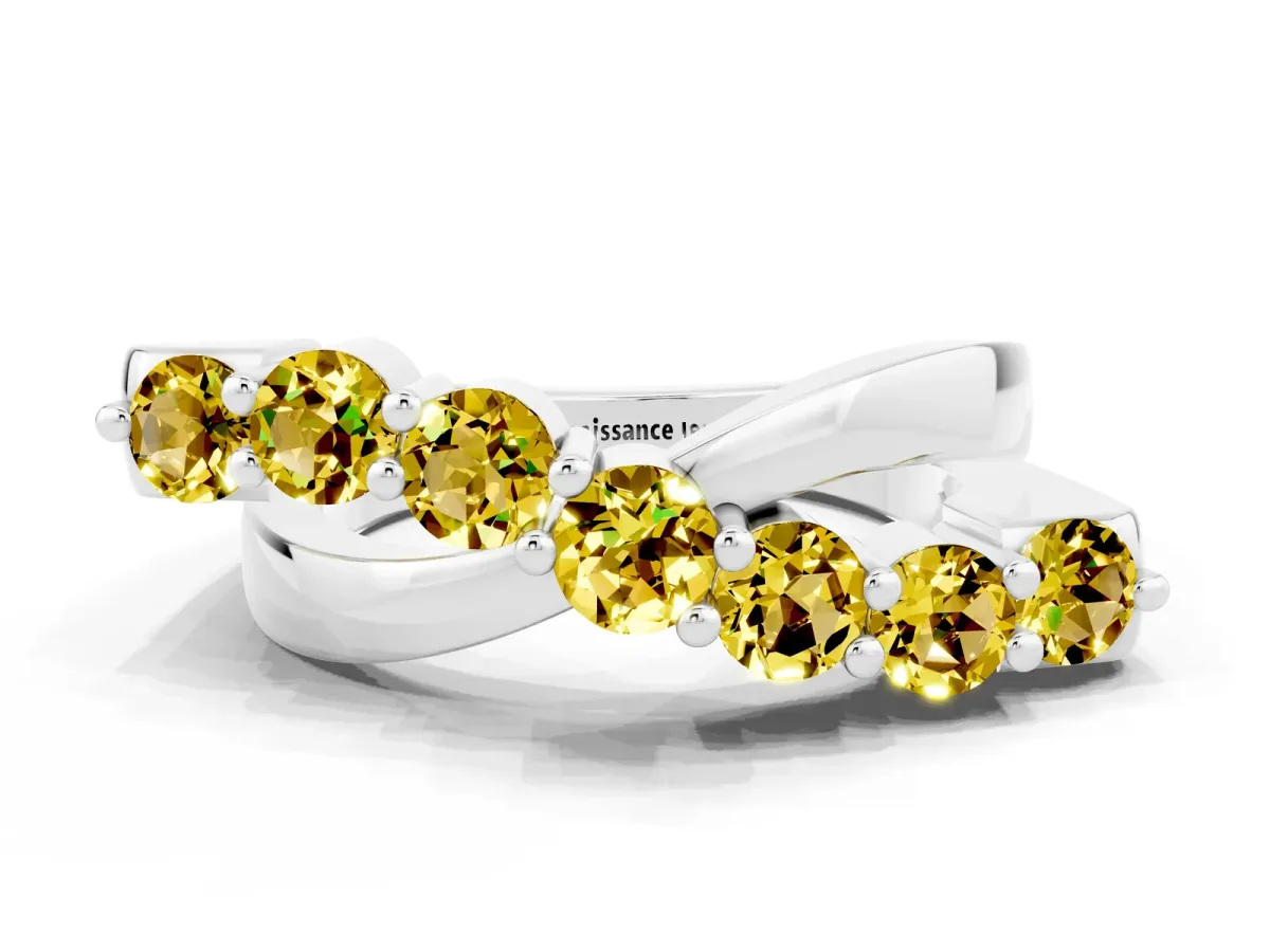 Round Yellow Sapphire Prong-Set Crossover Band White gold