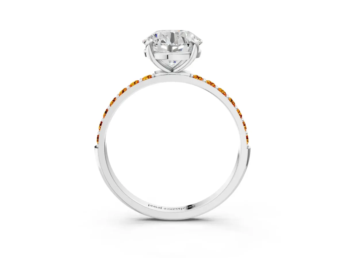 Round Cut Diamond Solitaire Ring with Round Citrine Pavé Band and Prong Setting Silver