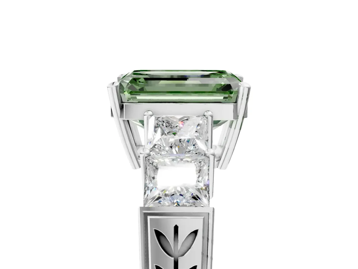 Fancy Green Emerald Cut Solitaire Princess Side Stone Engraved Band Prong Setting Ring Platinum