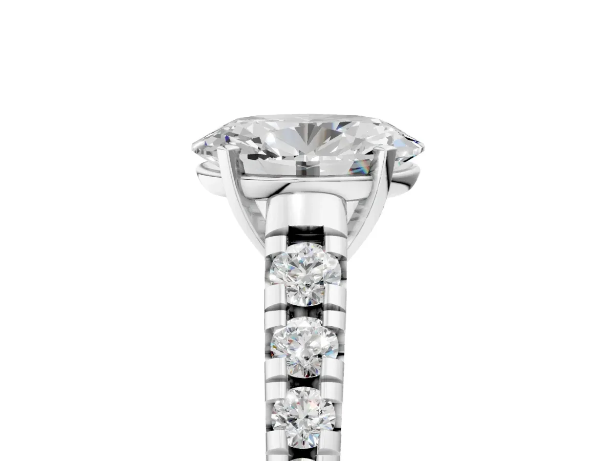 Oval Cut Diamond Cathedral Solitaire Ring with Round Moissanite Pavé Band Silver