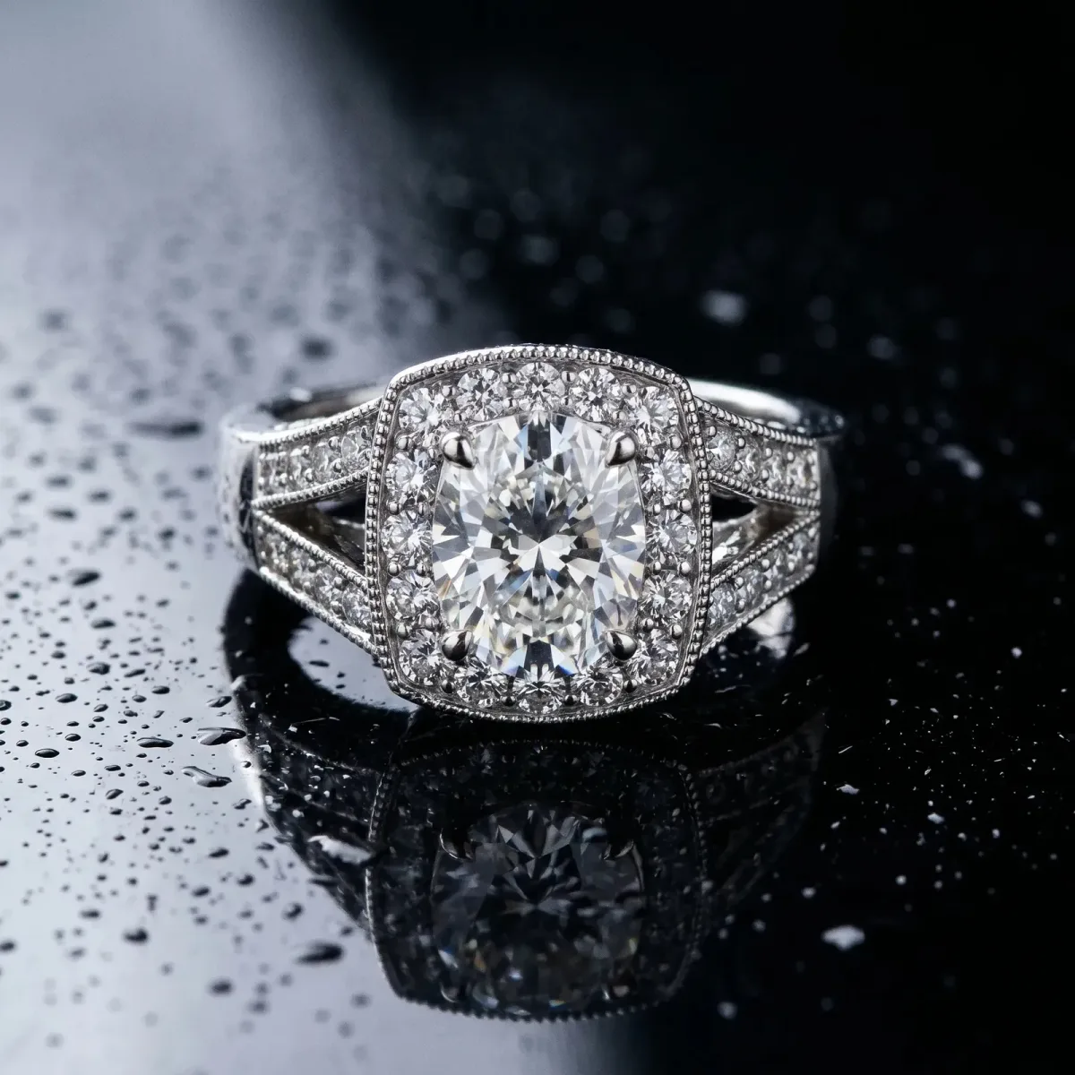 Oval Cut Halo Split Shank Diamond Ring with Milgrain Prong Setting Platinum