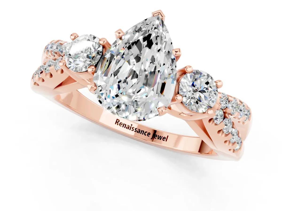 Pear Cut Moissanite Three-Stone Ring with Pavé Split Shank and Four-Prong Setting Rose gold