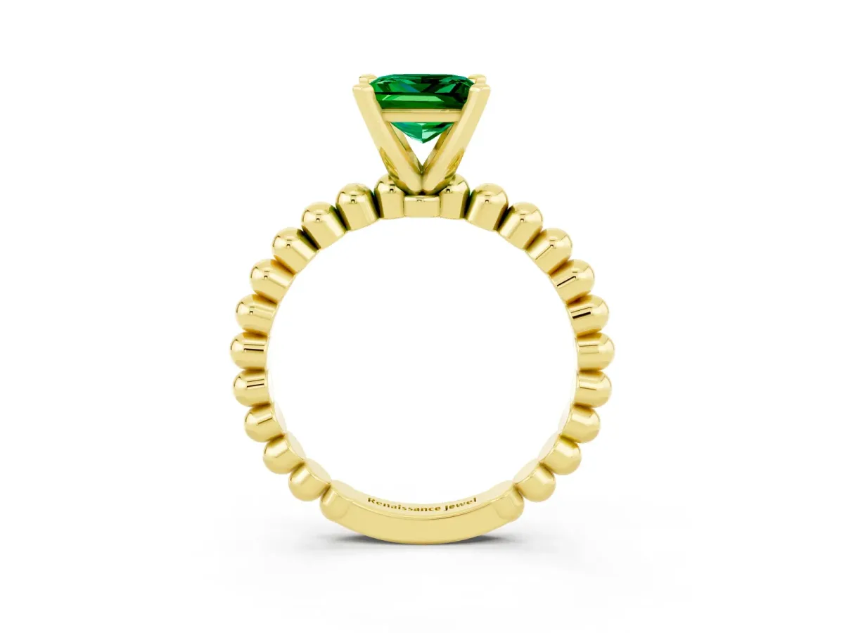 Princess Cut Emerald Solitaire Ring with Beaded Band and Prong Setting Yellow gold