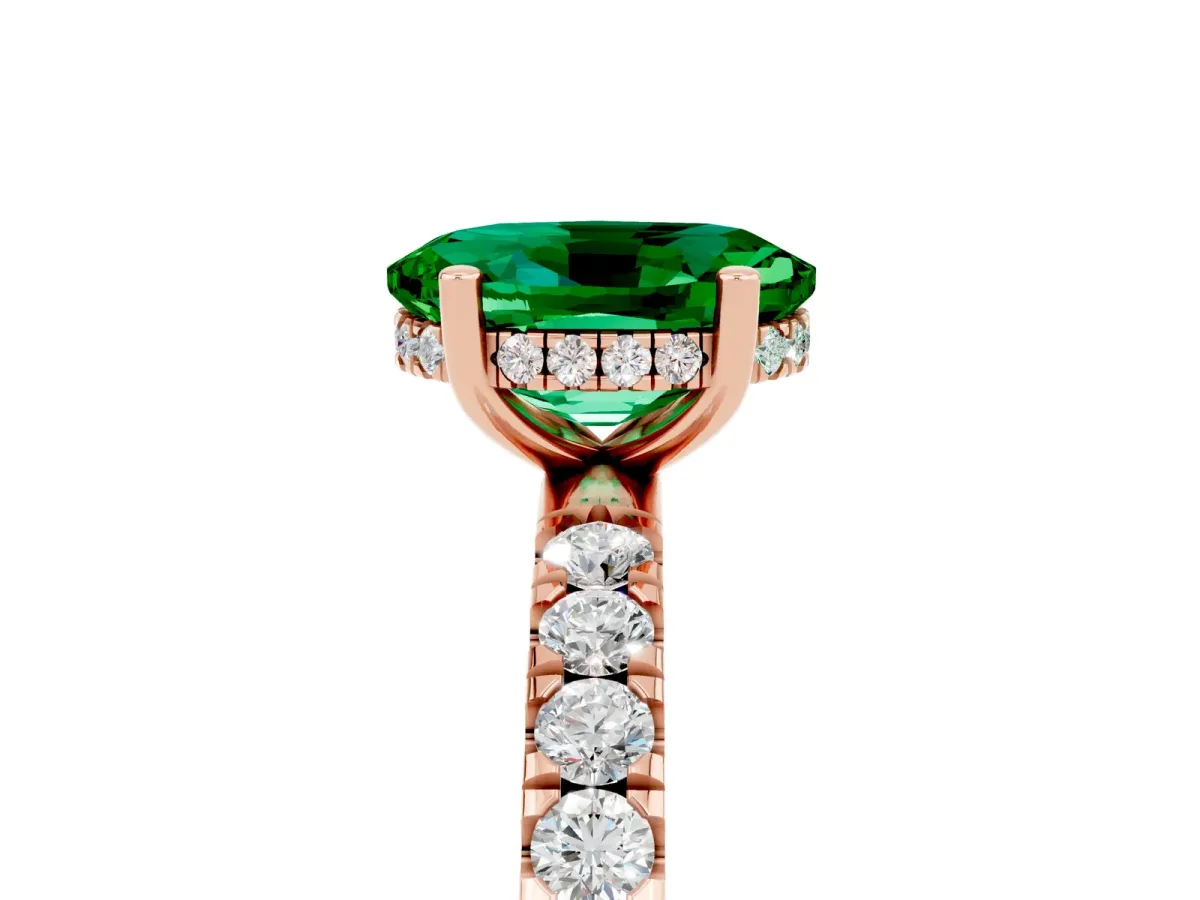 Oval Cut Emerald Pave Band Solitaire Ring with Round and Prong Setting Rose gold