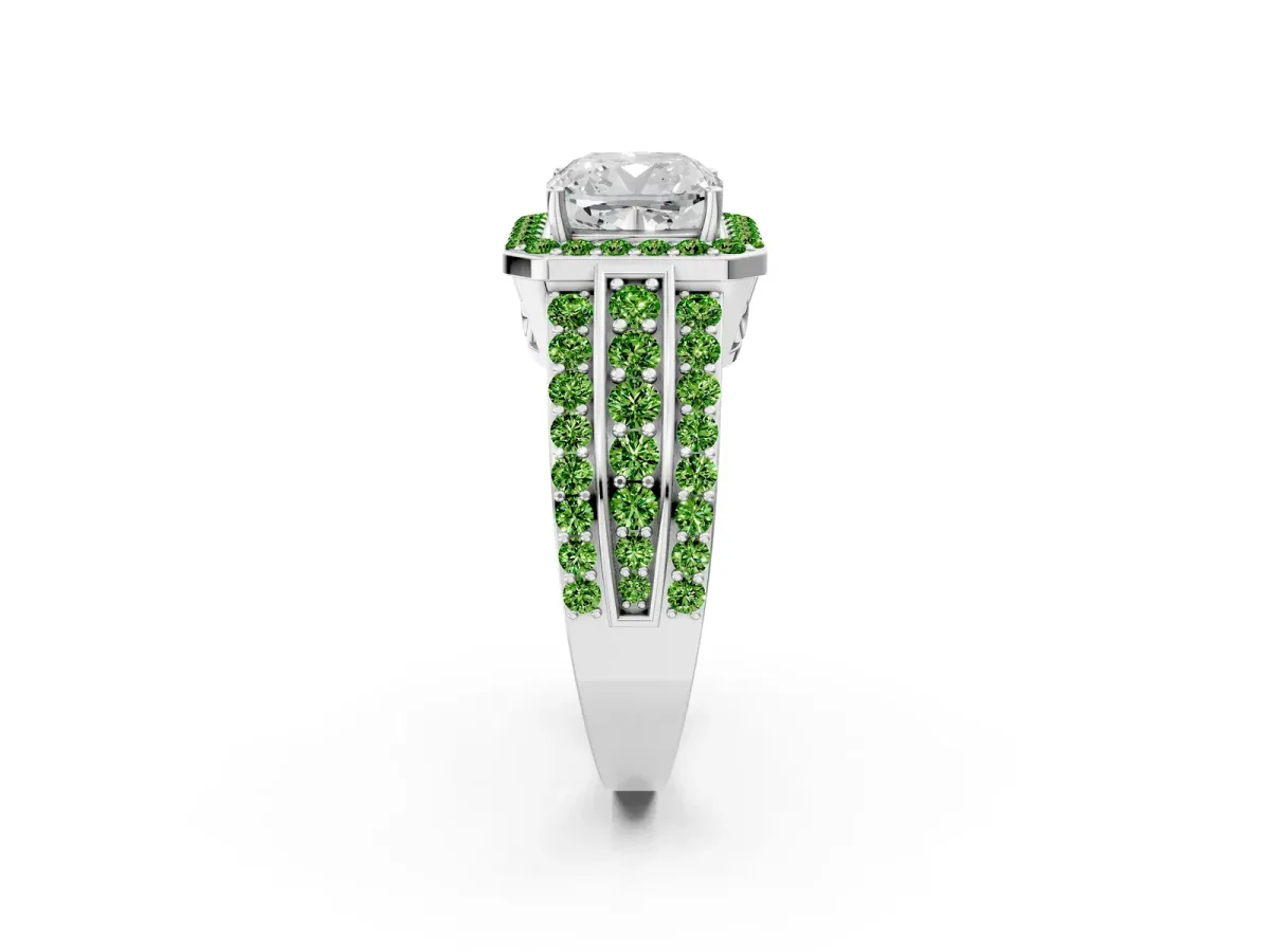 Cushion Cut Halo Diamond Ring with Round Peridot Split Shank and Prong Setting Platinum