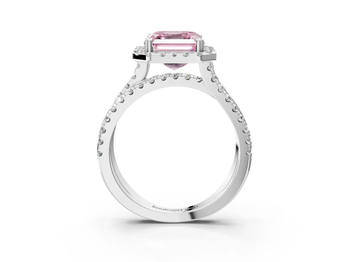Fancy Pink Asscher Cut Halo Split Shank Diamond Ring with Pavé Setting Platinum