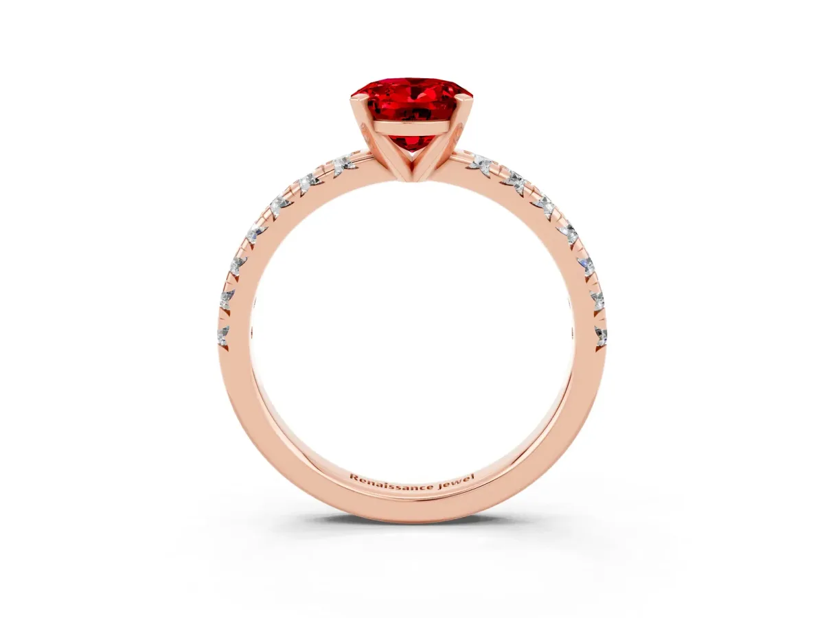 Oval Cut Ruby Solitaire Pavé Engagement Ring with Round Band and Prong Setting Rose gold