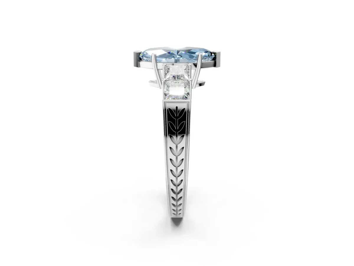 Fancy Blue Marquise Cut Solitaire Princess Side Stone Engraved Band Prong Setting Ring Silver