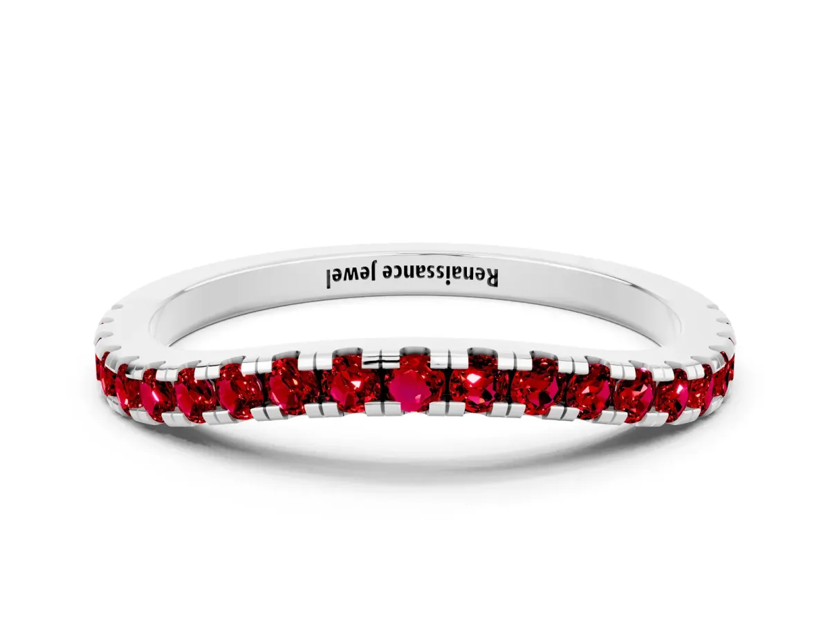 Round Ruby Pavé Half Eternity Band with Shared Prong Setting Silver