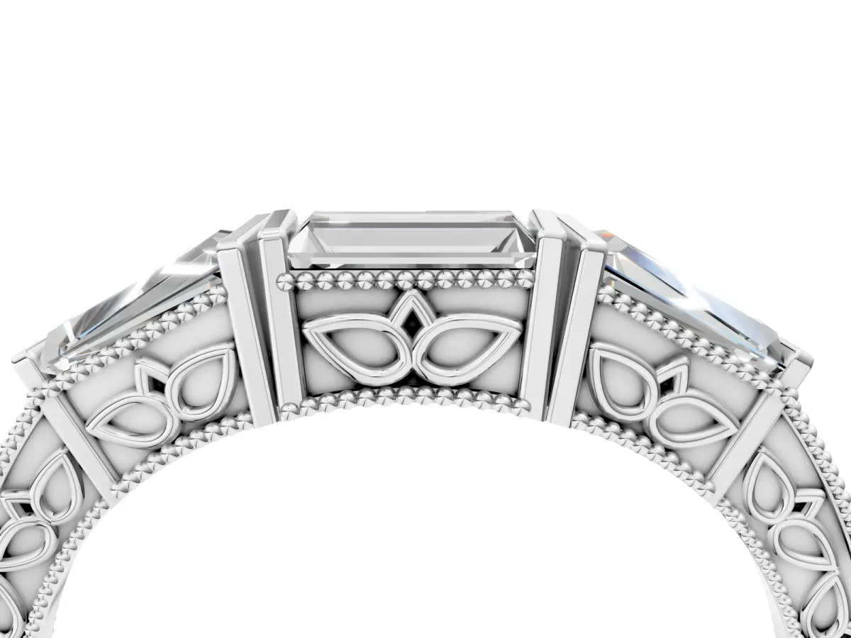 Baguette Cut Channel Set Milgrain Band with V-Prong Setting Platinum