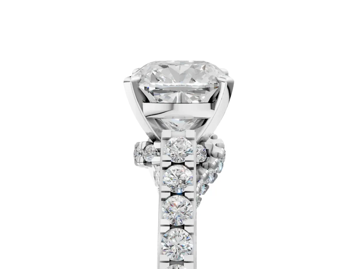 Cushion Cut Diamond Solitaire Ring with Crossover Gallery and Round Pavé Band Silver