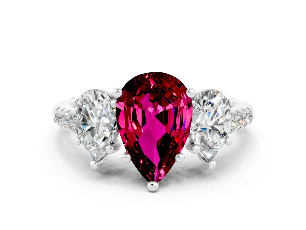 Three-Stone Pear Cut Garnet Ring with Round Pavé Band and Prong Setting Platinum