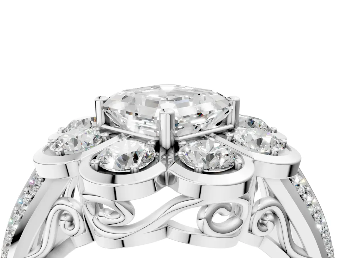 Asscher Cut Brilliant Flower Halo Diamond Split Shank Ring Platinum