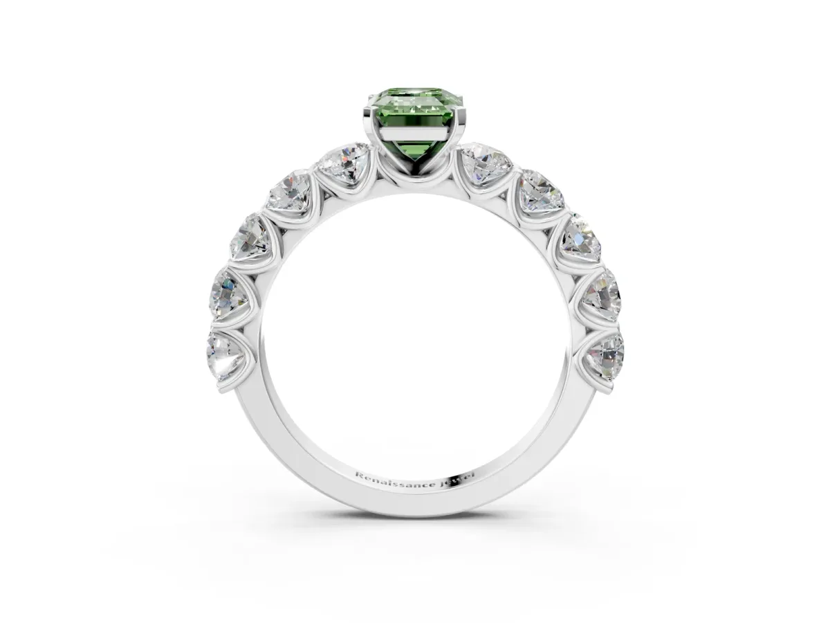 Fancy Green Emerald Cut Diamond Prong Setting with Side Stones on a Pave Band Silver