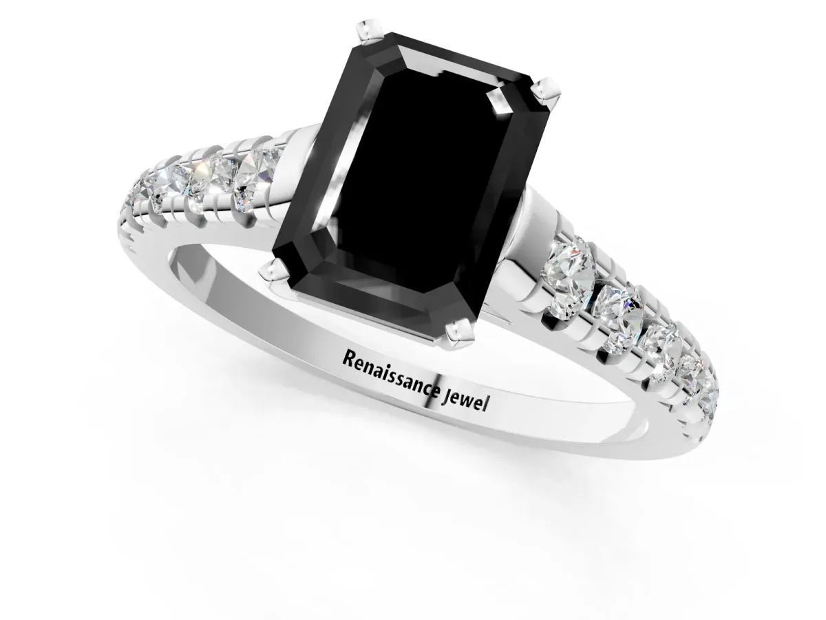 Fancy Black Emerald Cut Diamond Cathedral Solitaire Ring with Round Pavé Band Silver