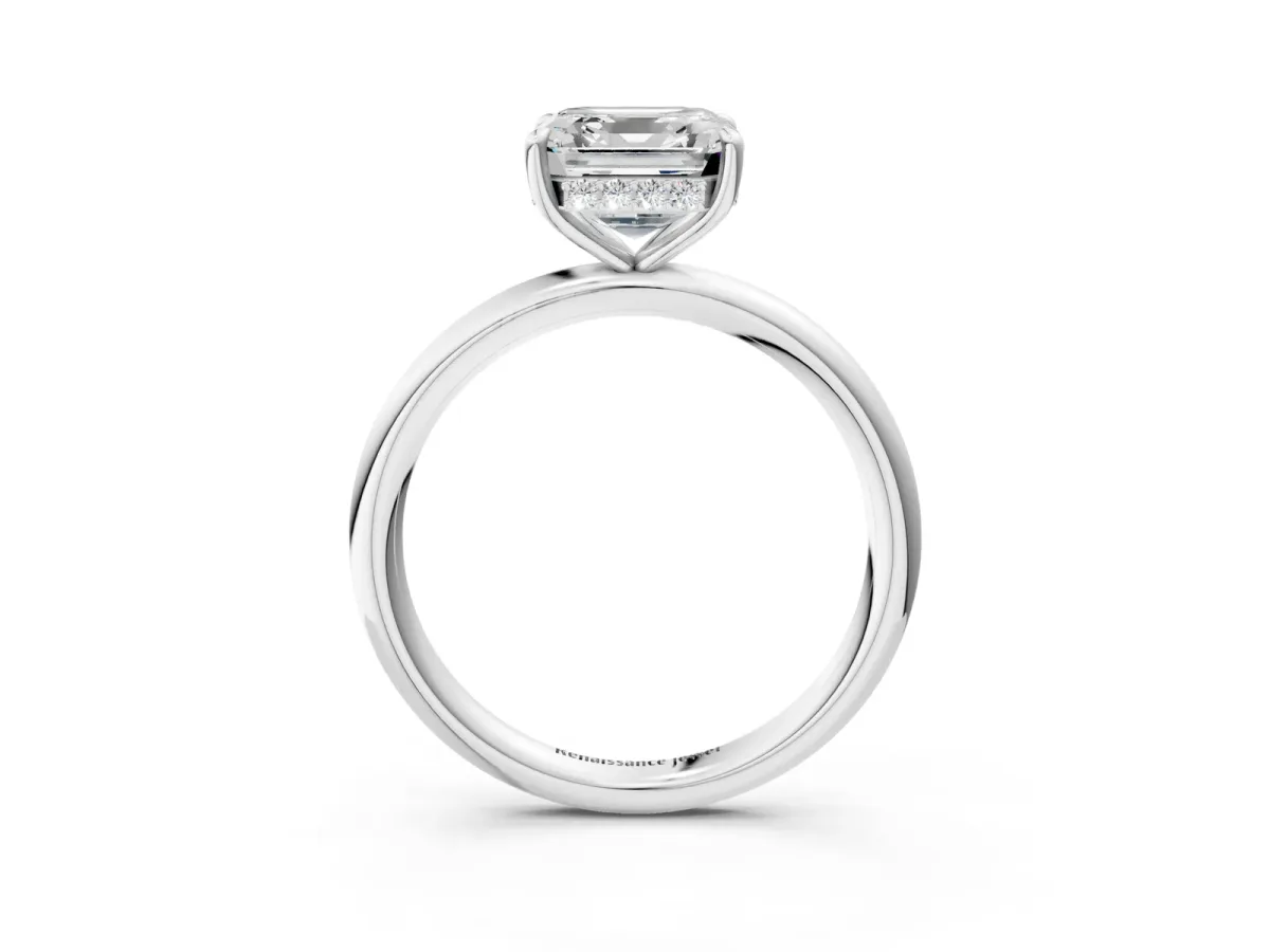 Asscher Cut Diamond Solitaire Ring with Thin Band and Four-Prong Setting Platinum