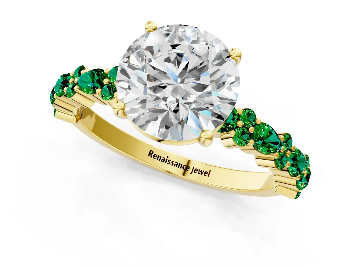 Round Cut Diamond Side Stone Solitaire Ring with Round Emerald and Four-Prong Setting Yellow gold