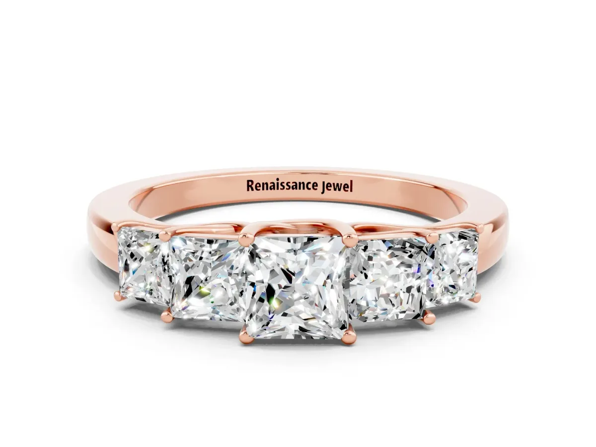 Princess Cut Five-Stone Moissanite Ring with Classic Prong Setting Rose gold