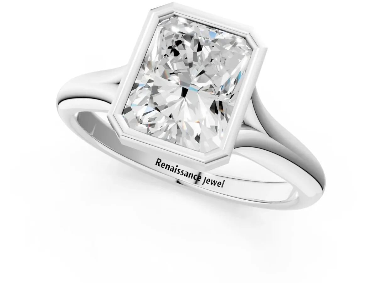 Bezel Set Radiant Cut Solitaire Diamond Ring with Smooth Band Platinum