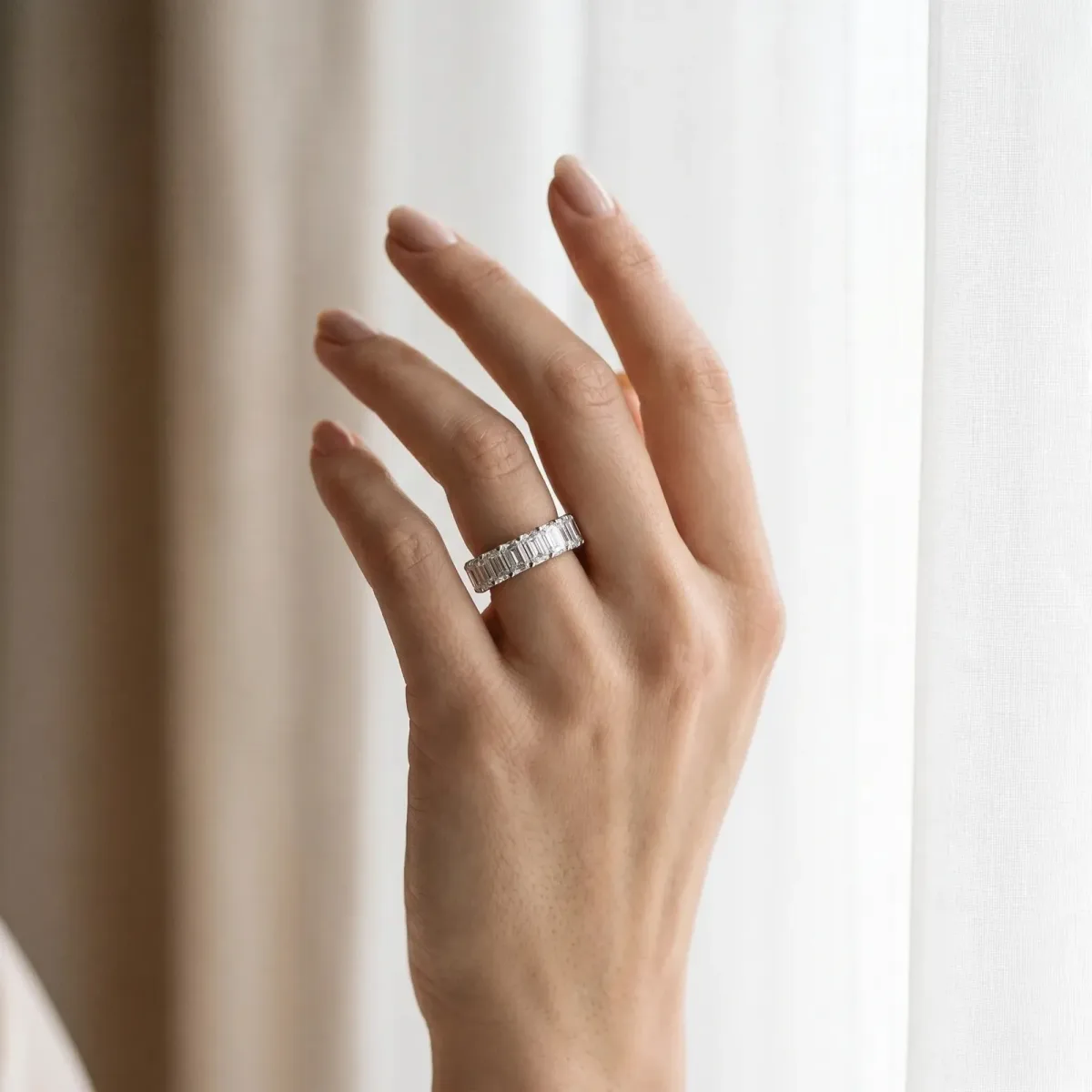 Emerald Cut Diamond Eternity Band with Shared Prong Setting Platinum