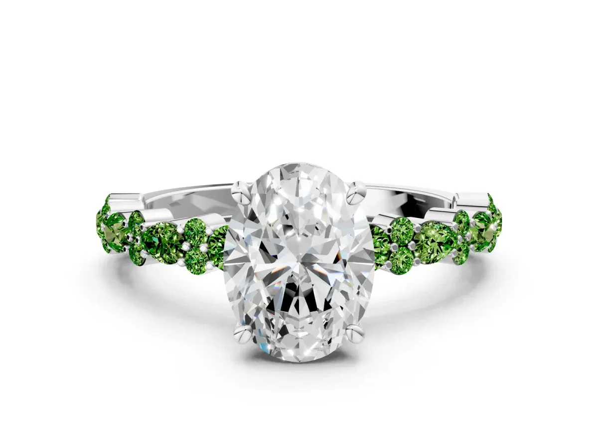 Oval Cut Diamond Side Stone Solitaire Ring with Round Peridot and Four-Prong Setting Silver