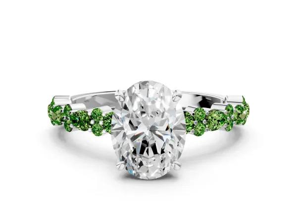 Oval Cut Diamond Side Stone Solitaire Ring with Round Peridot and Four-Prong Setting White gold