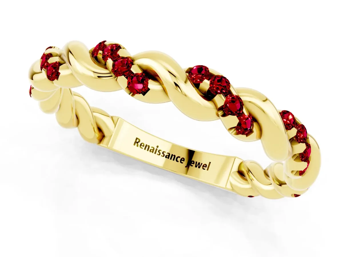 Twisted Pavé Round Ruby Eternity Band Yellow gold