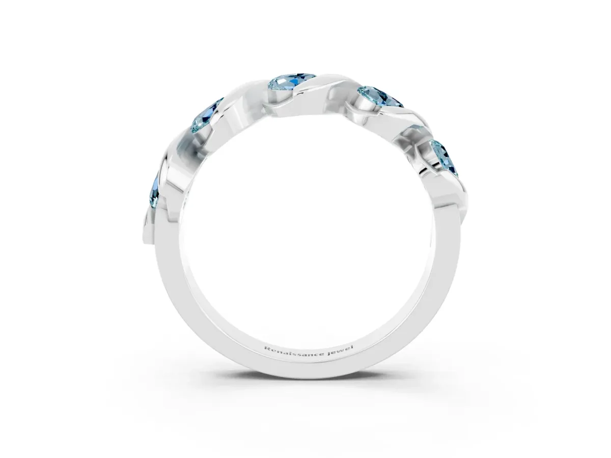 Round Aquamarine Wave Band with Channel Setting and Shared Prongs Platinum
