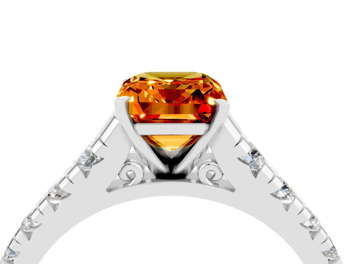 Emerald Cut Citrine Cathedral Solitaire Ring with Round Pavé Band White gold
