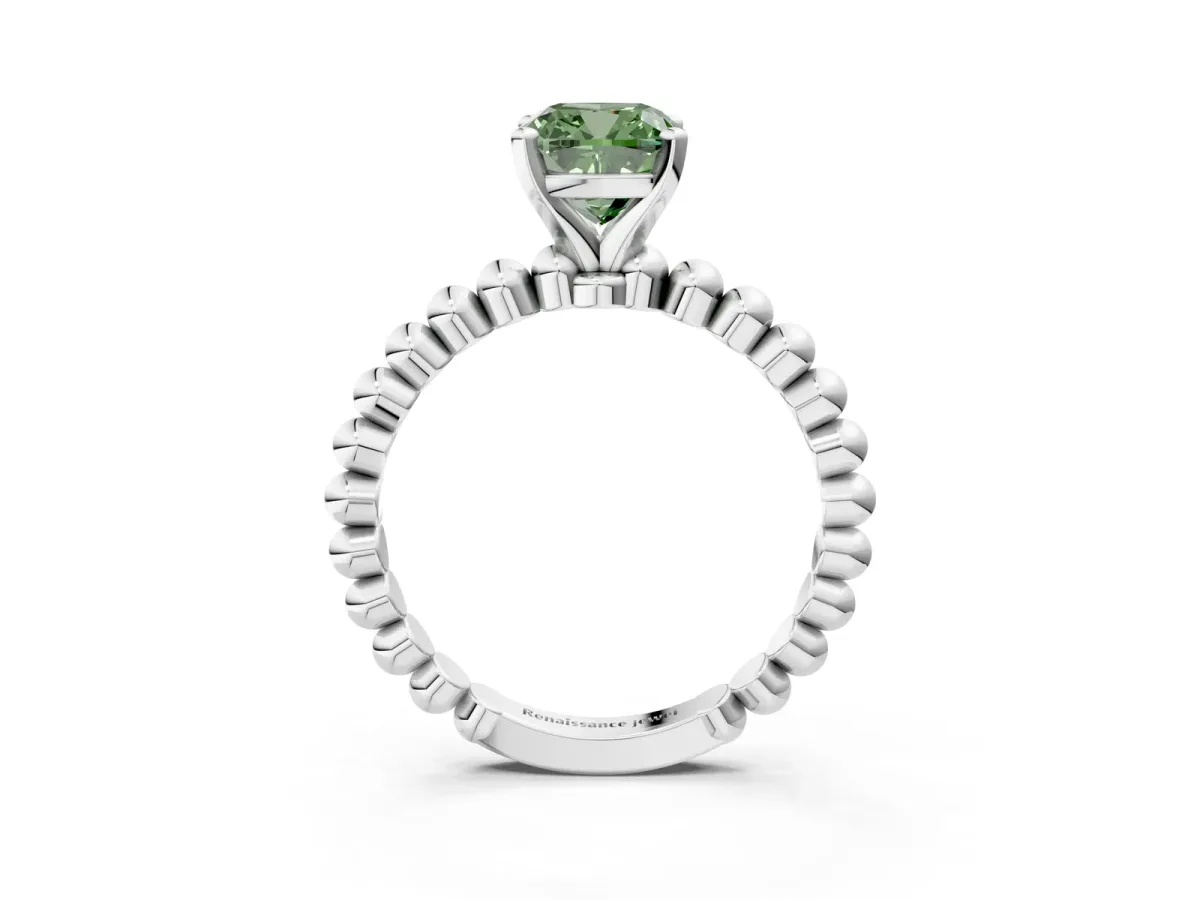Fancy Green Cushion Cut Diamond Solitaire Ring with Beaded Band and Prong Setting Silver