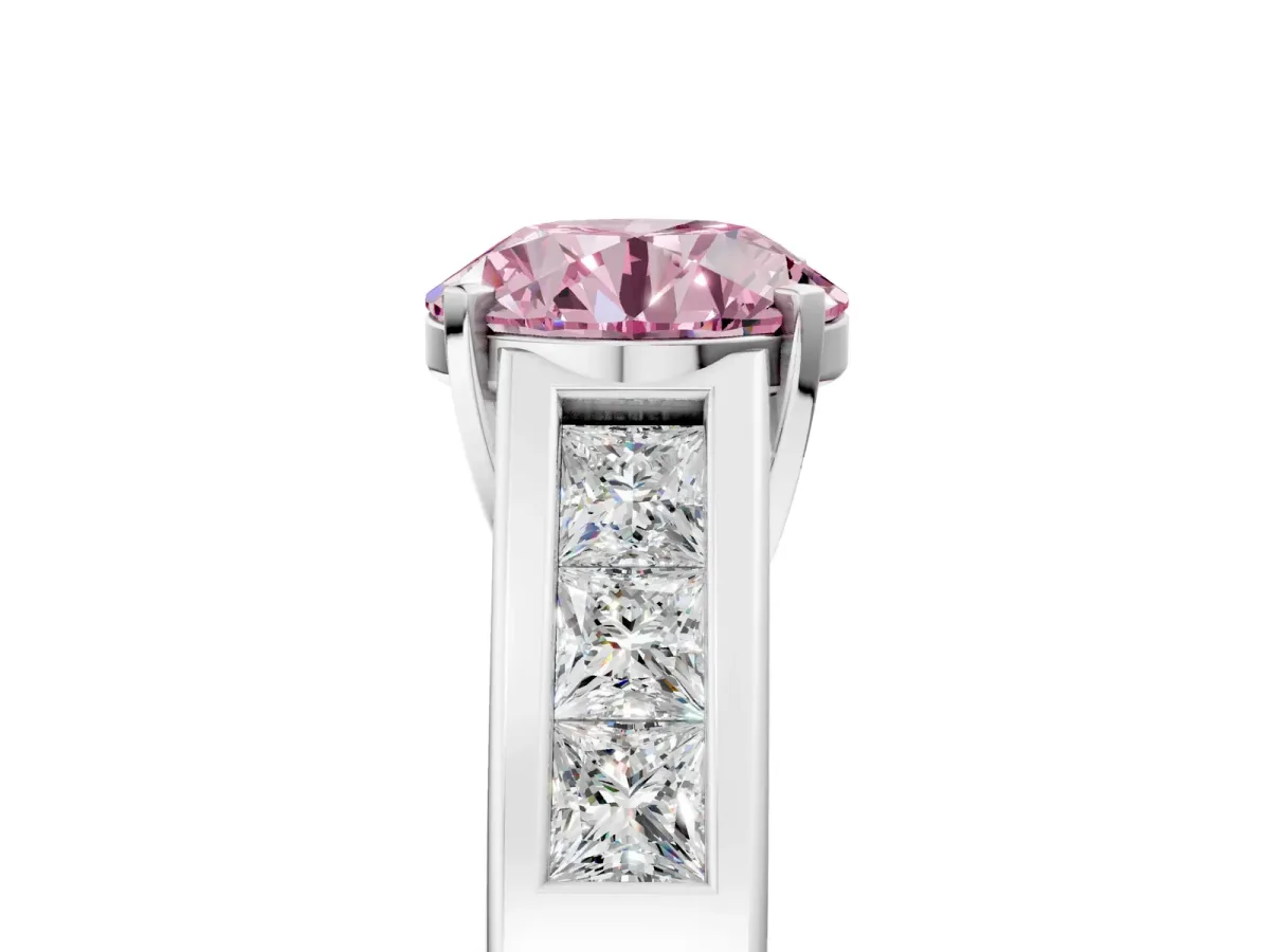 Fancy Pink Round Cut Cut Channel Set Solitaire Ring with Four-Prong Setting Platinum