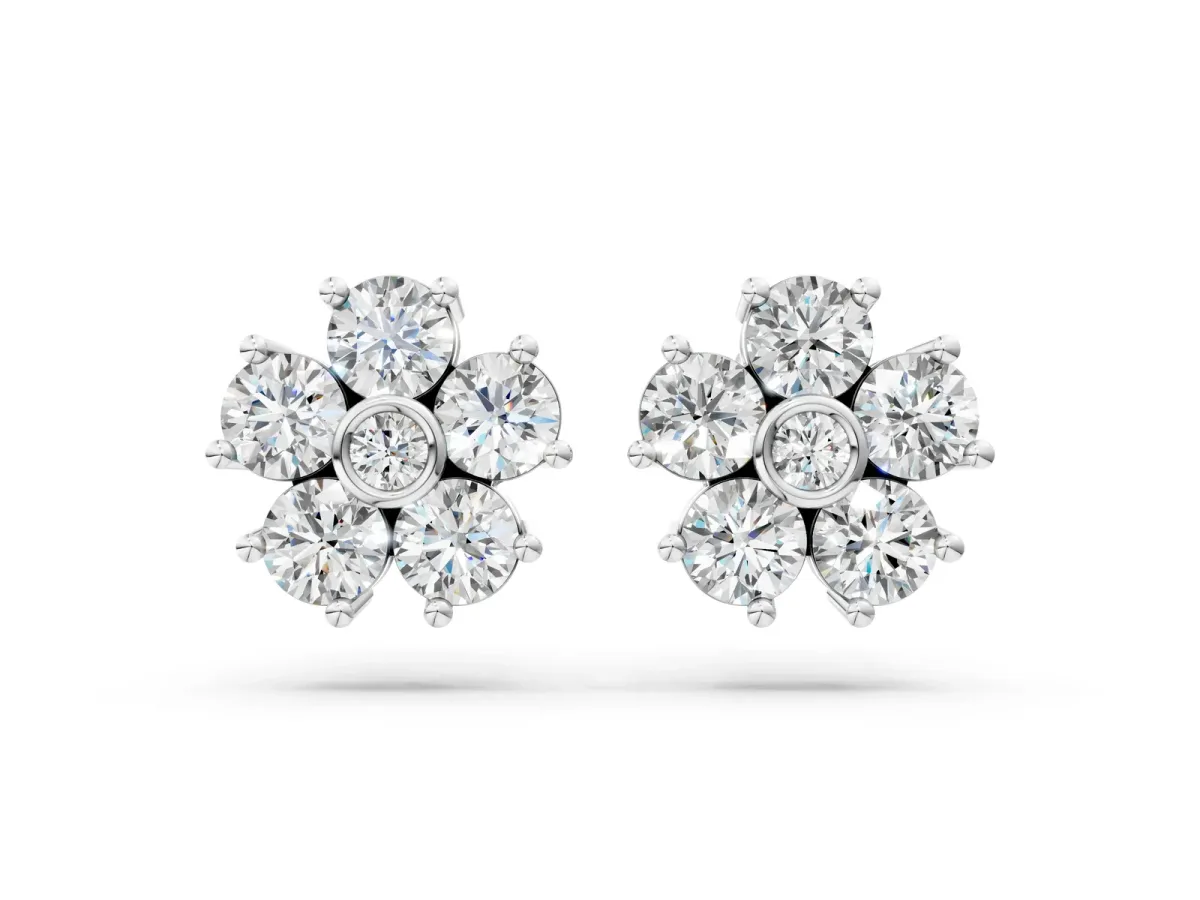 Round Diamond Flower Stud Earrings with Diamond Accent Platinum