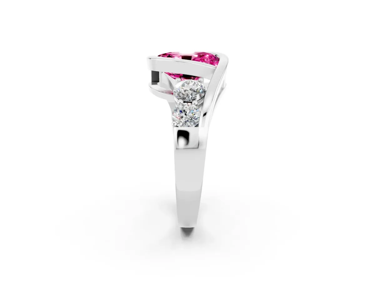 Bezel Set Oval Cut Pink Sapphire Bypass Ring with Round Accents Silver