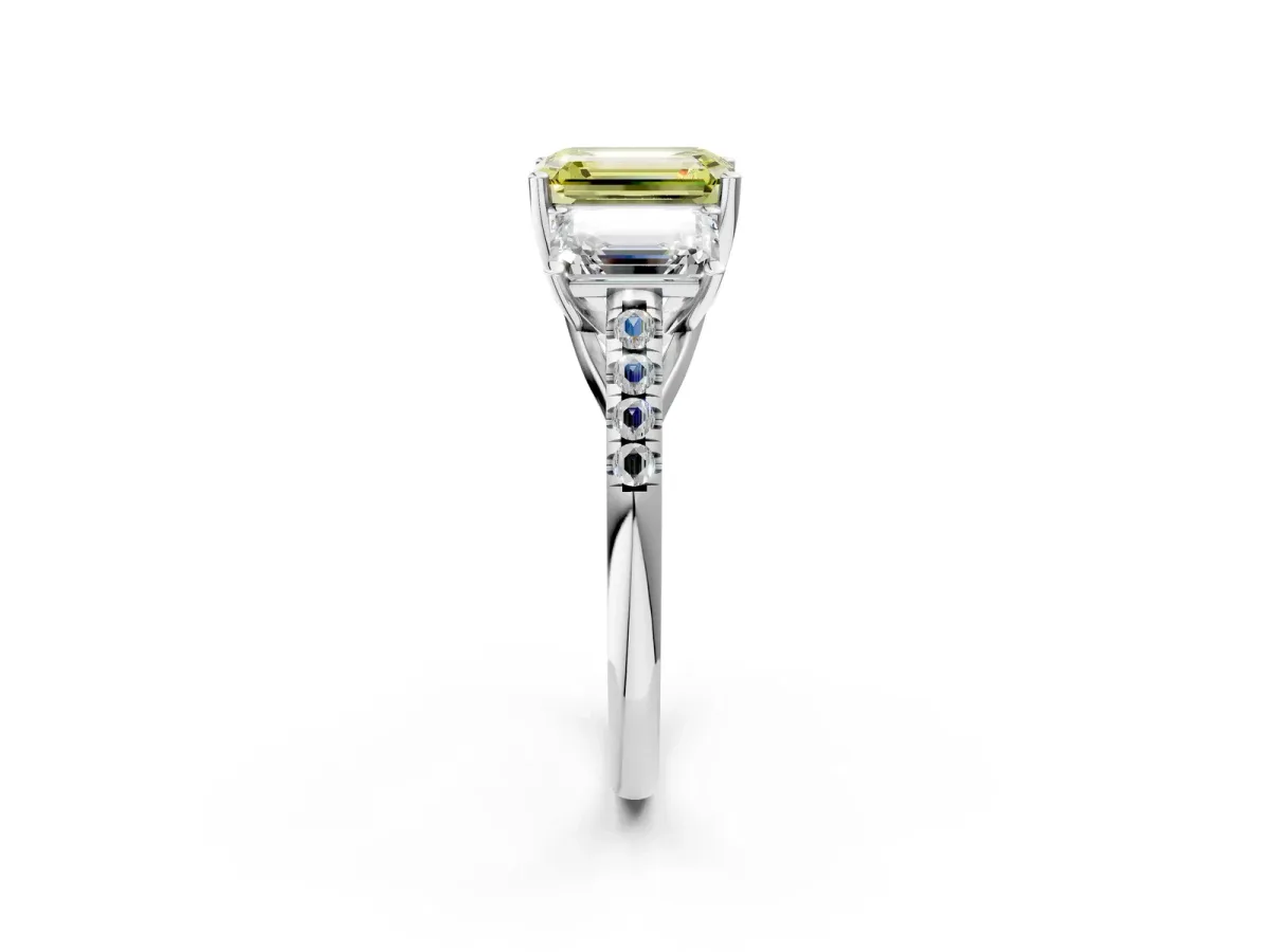 Fancy Yellow Three-Stone Emerald Cut Diamond Ring with Round Pavé Band and Prong Setting Silver