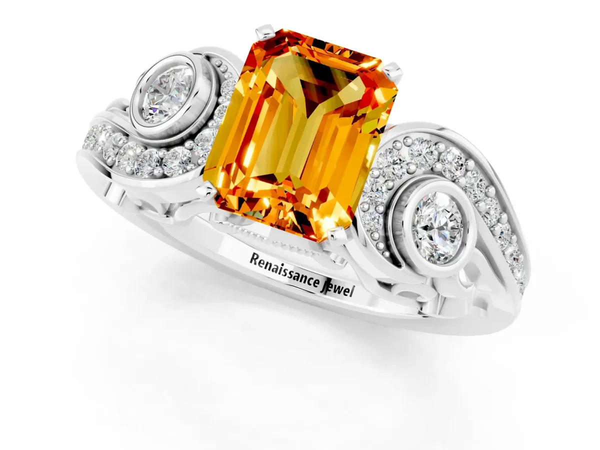Emerald Cut Citrine Solitaire Ring with Milgrain Pavé Band and Four-Prong Setting Platinum
