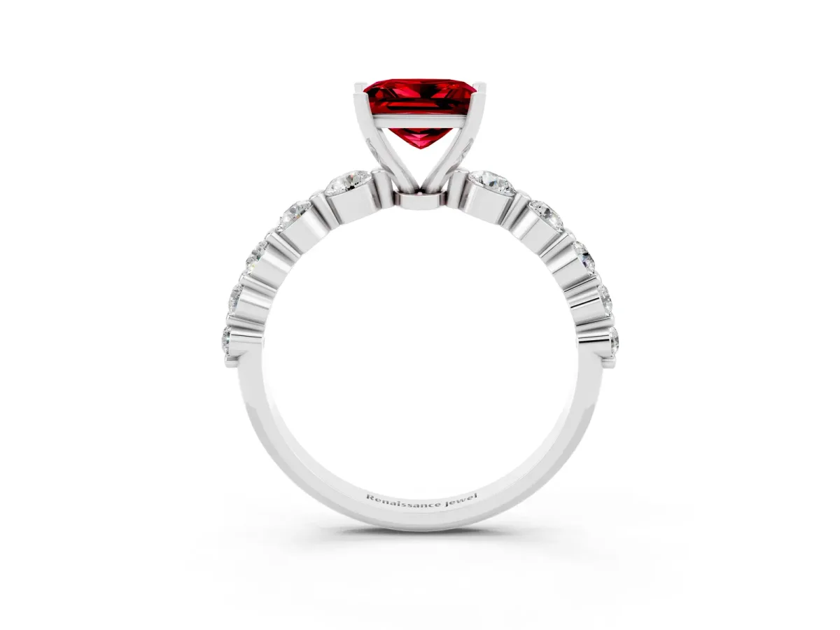 Princess Cut Solitaire Ruby Ring with Pave Band and Four-Prong Setting White gold