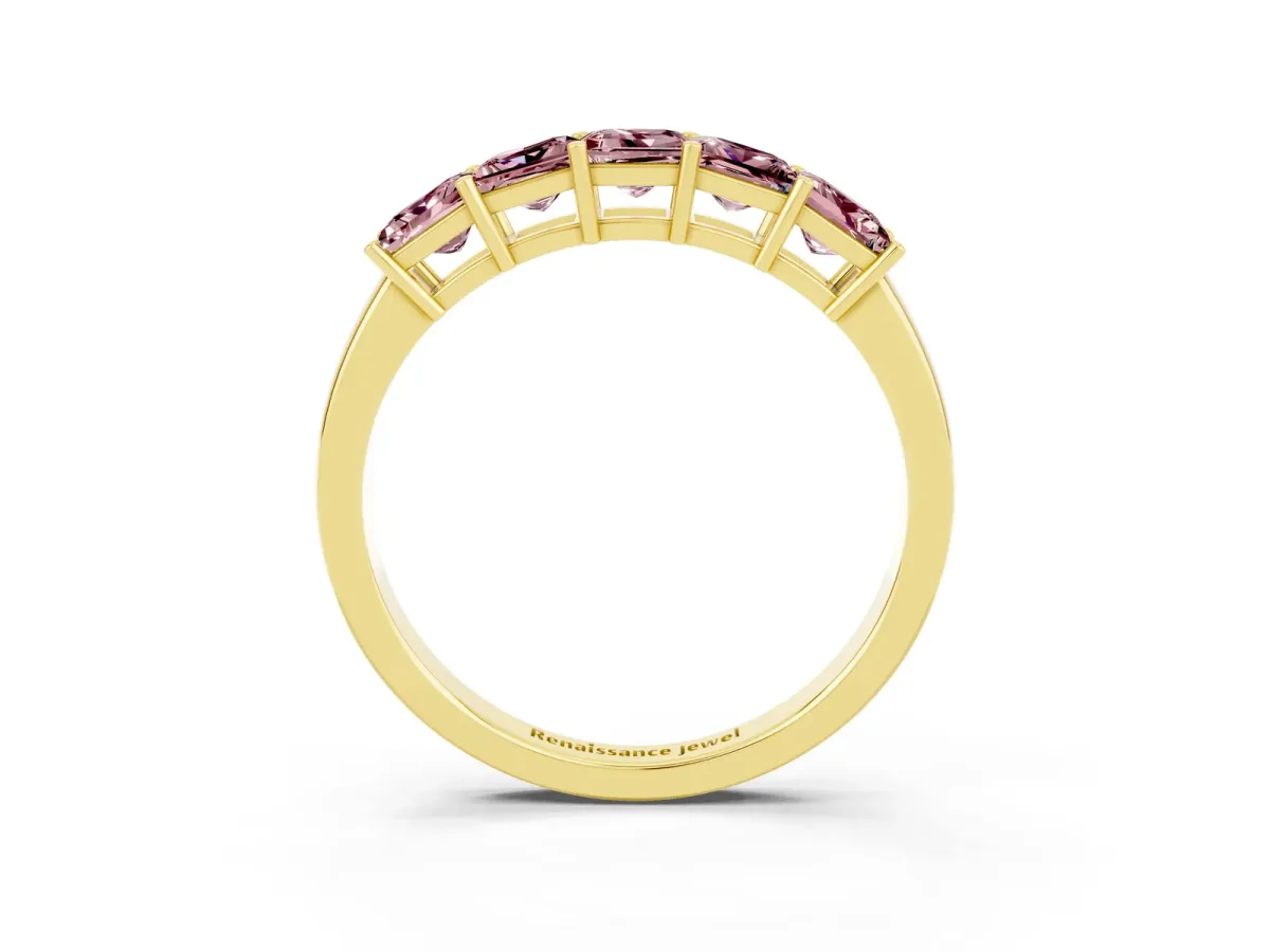 Princess Cut Five-Stone Morganite Band with Prong Setting Yellow gold