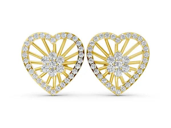 Round Diamond Open Heart Cluster Stud Earrings Yellow gold