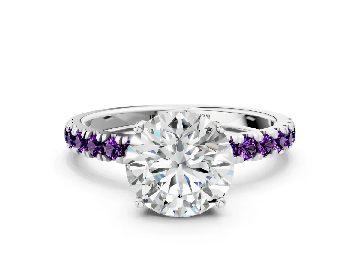 Round Cut Diamond Pave Band Solitaire Ring with Round Amethyst and Prong Setting Silver