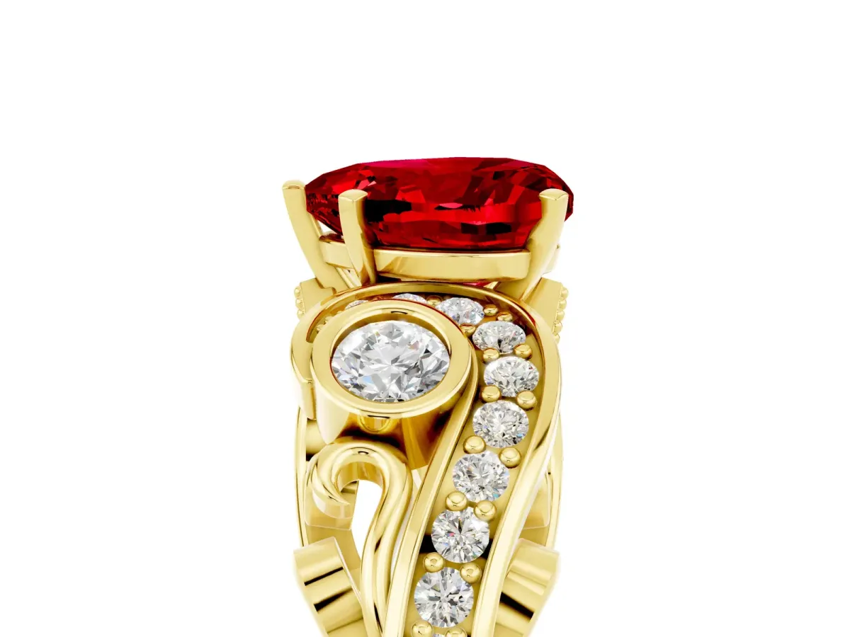 Heart Cut Ruby Solitaire Ring with Milgrain Pavé Band and Four-Prong Setting Yellow gold