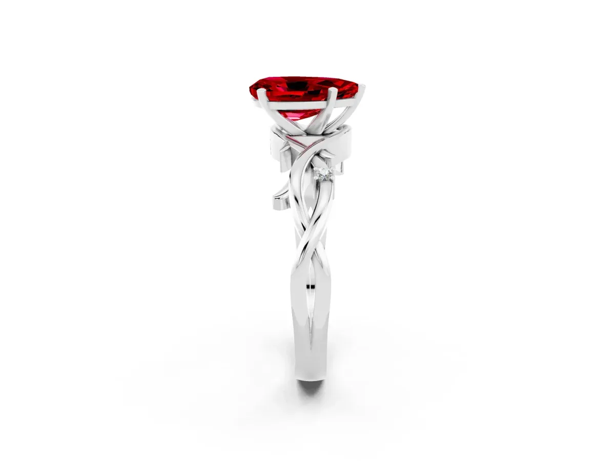 Pear Cut Ruby Solitaire Ring with Twisted Band and Prong Setting Silver