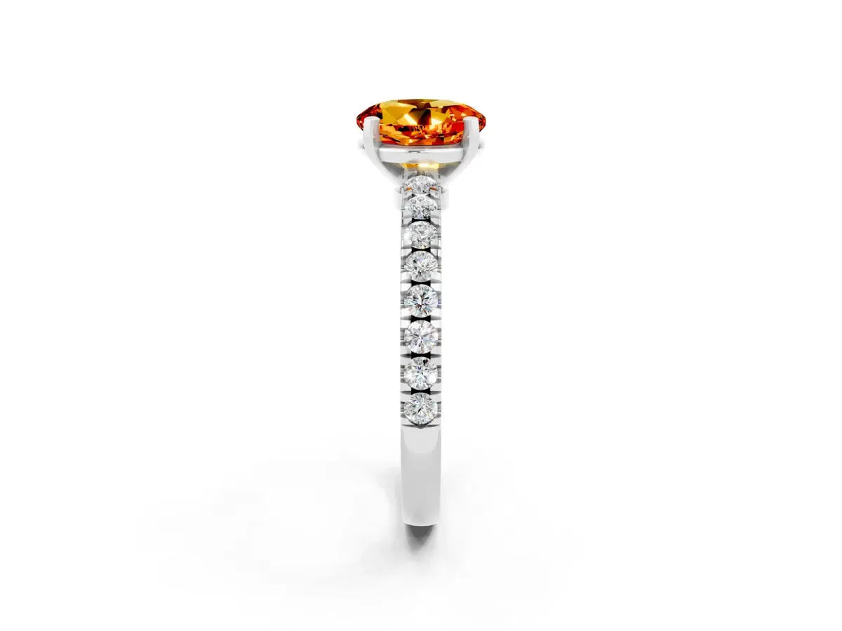 Round Cut Solitaire Citrine with Pavé Band and Four-Prong Setting Silver