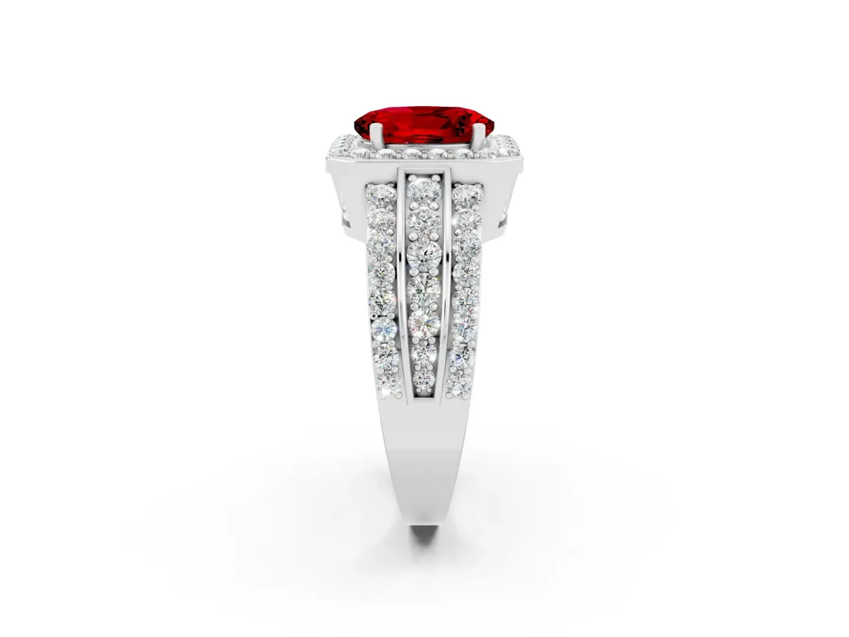Oval Cut Halo Ruby Ring with Round Split Shank and Prong Setting Silver
