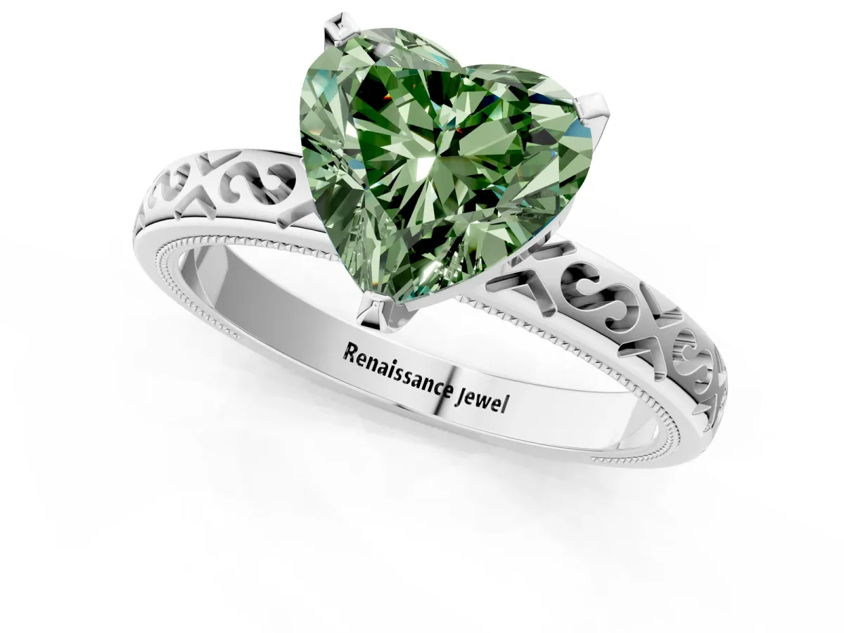Fancy Green Heart Cut Solitaire Engagement Ring with Scrollwork Band and Four-Prong Setting Platinum