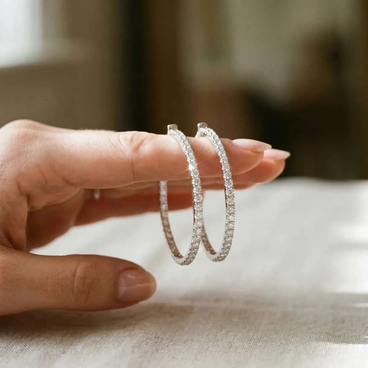 Round Diamond Pave Hoop Earrings with Prong Setting White gold