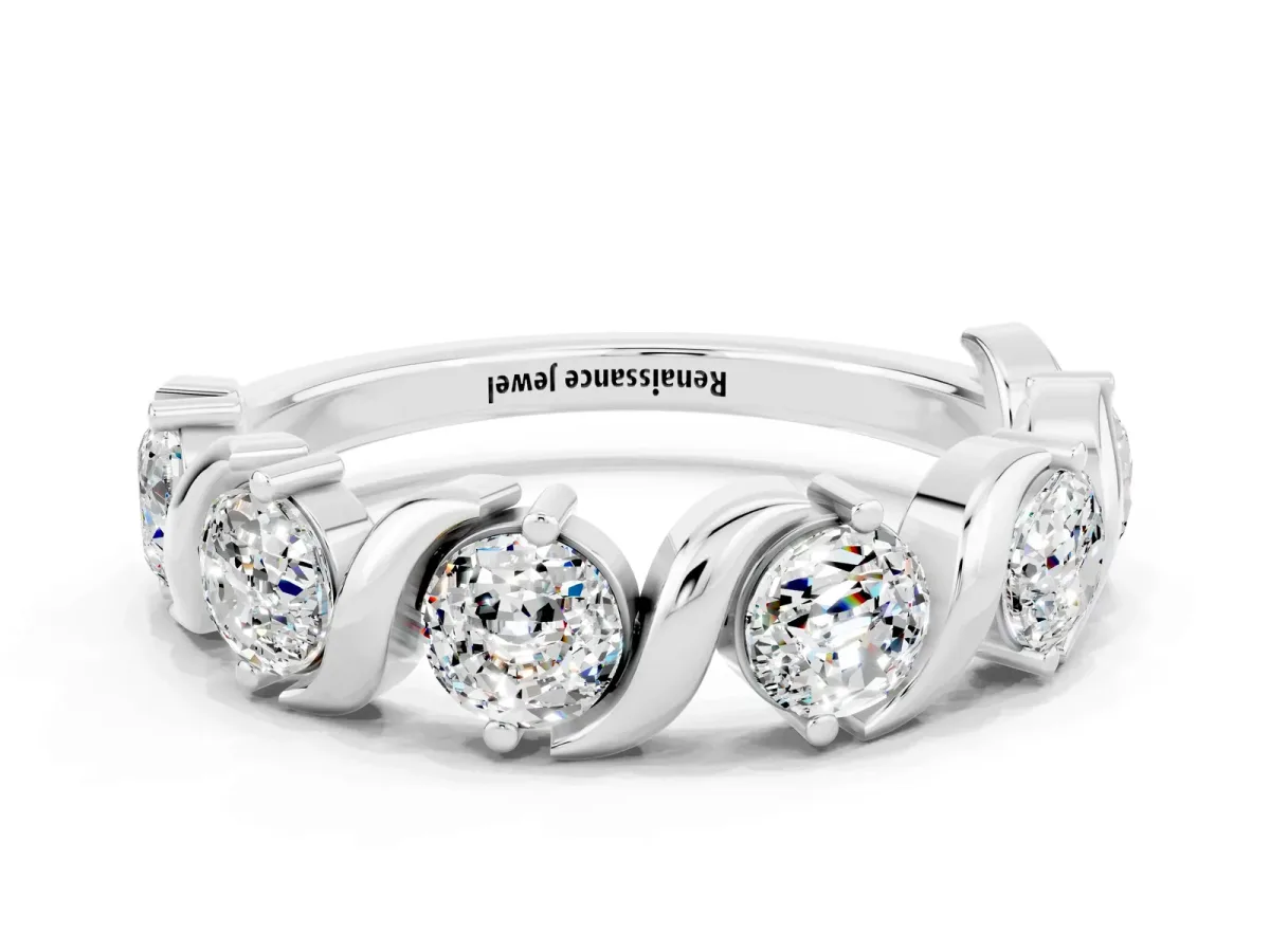 Six-Stone Round Moissanite Wave Band with Shared Prong Setting White gold