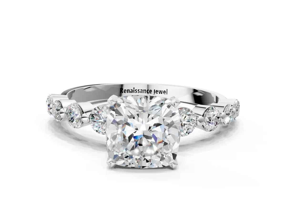 Cushion Cut Solitaire Diamond Ring with Pave Band and Four-Prong Setting Silver