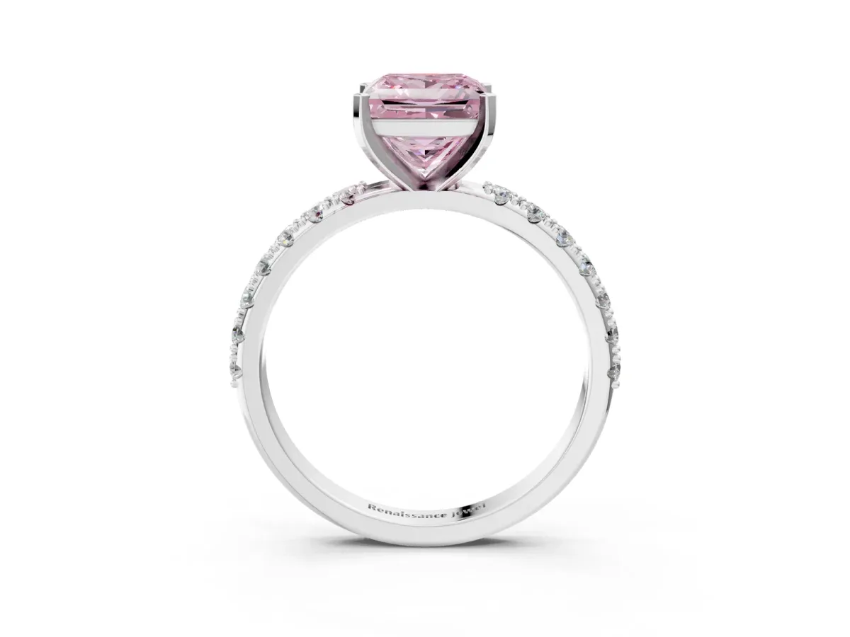 Fancy Pink Princess Cut Diamond Solitaire Pavé Band with Four-Prong Setting Silver