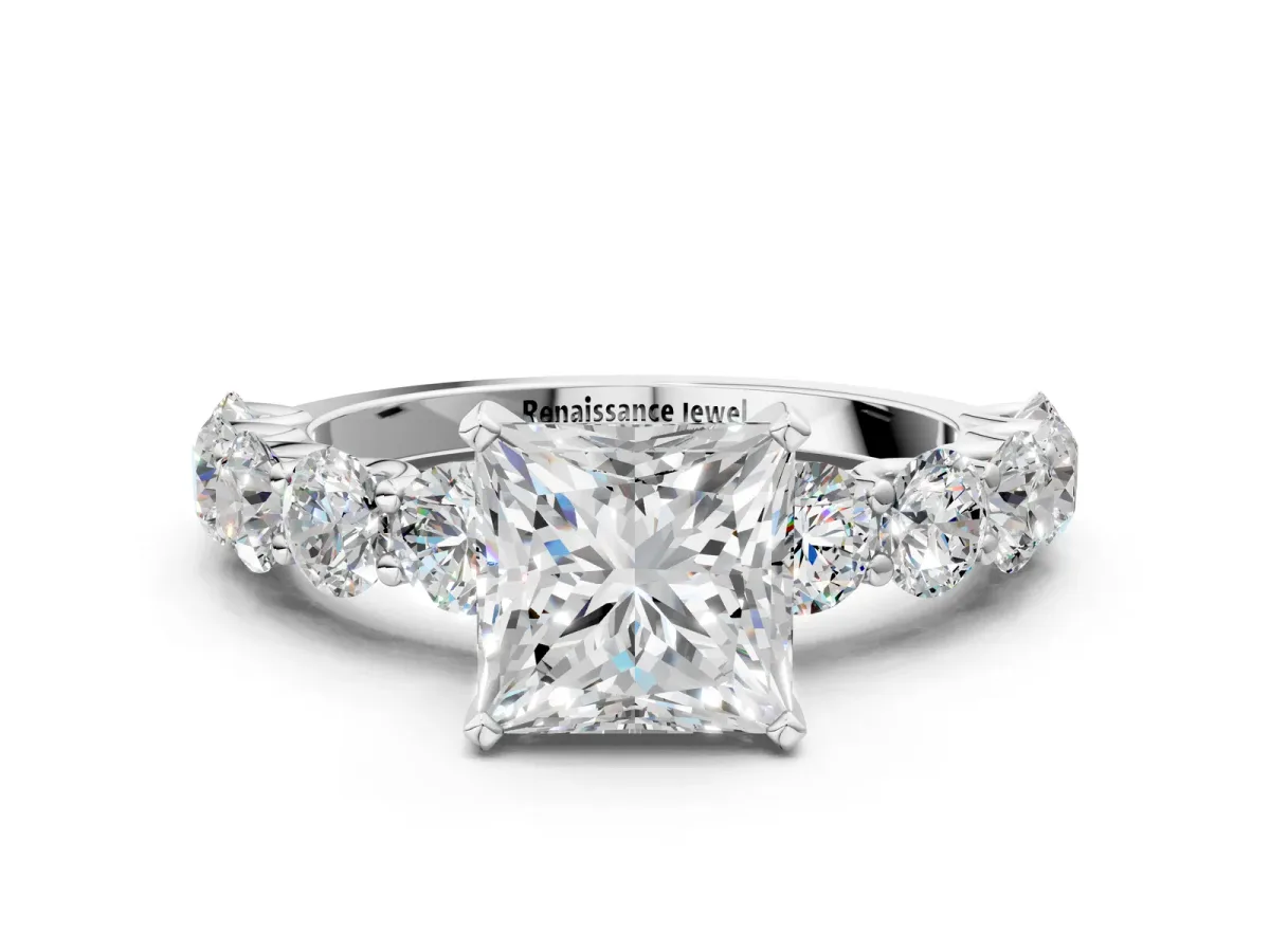 Princess Cut Diamond Prong Setting with Side Stones on a Pave Band Silver