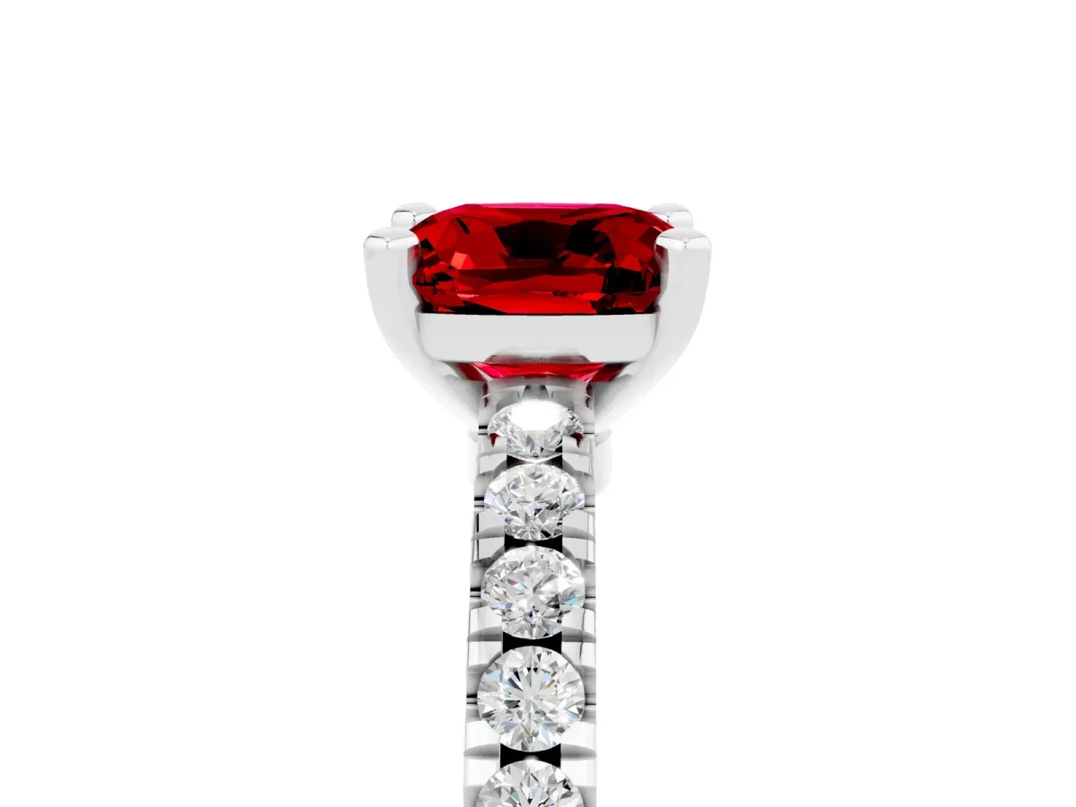 Cushion Cut Solitaire Ruby with Pavé Band and Four-Prong Setting Platinum